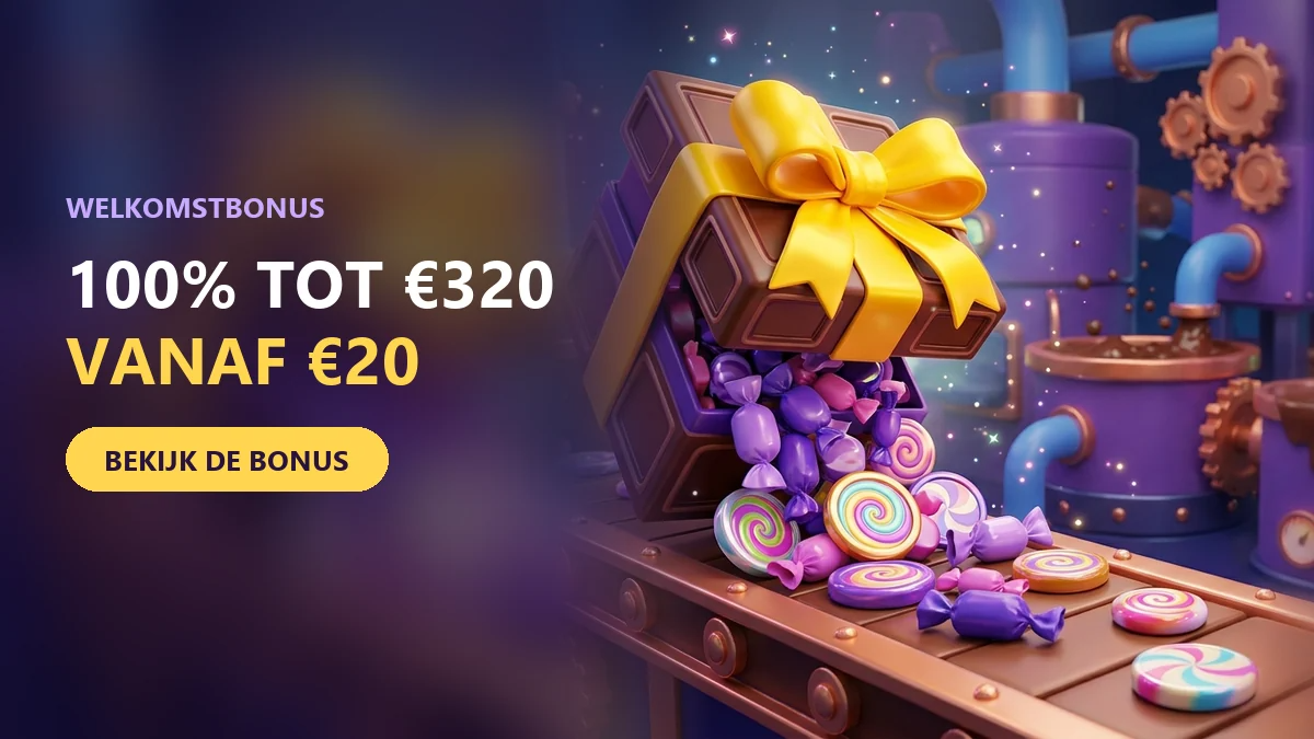 chocoladedoos met gele strik die snoep over een lopende band stort voor de welkomstbonus van chocospin