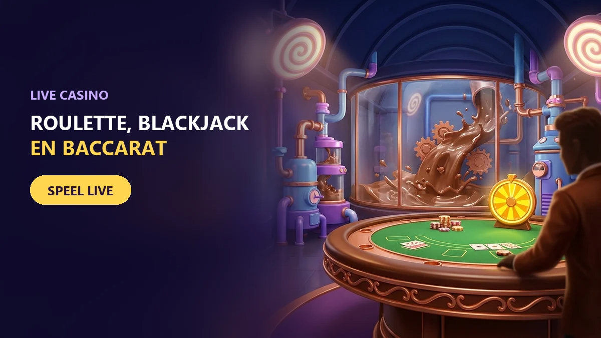 dealer aan een groene speeltafel in een chocoladeshowroom voor het live casino van chocospin